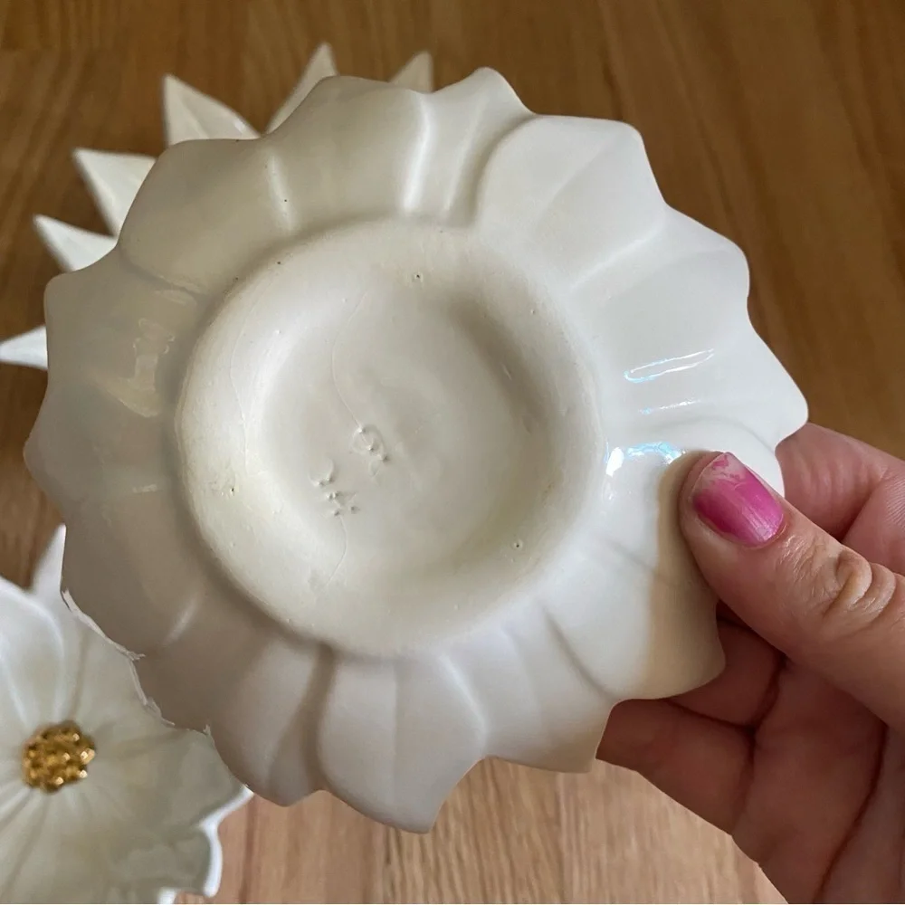 Vintage Atlantic Mold White Poinsettia Dish Tray Bowl Set Gold MCM Kitschy